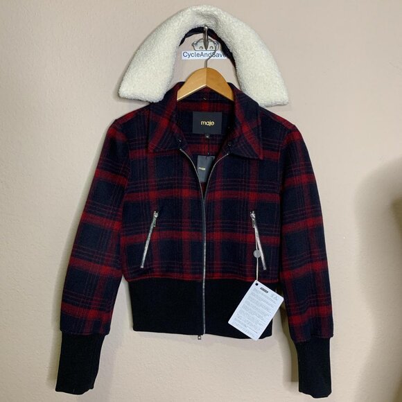 Maje Red & Navy Plaid Wool Jacket with Shearling Collar – Size 40 - Picture 6 of 6